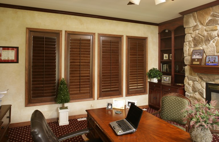 Wooden plantation shutters in a Detroit home office